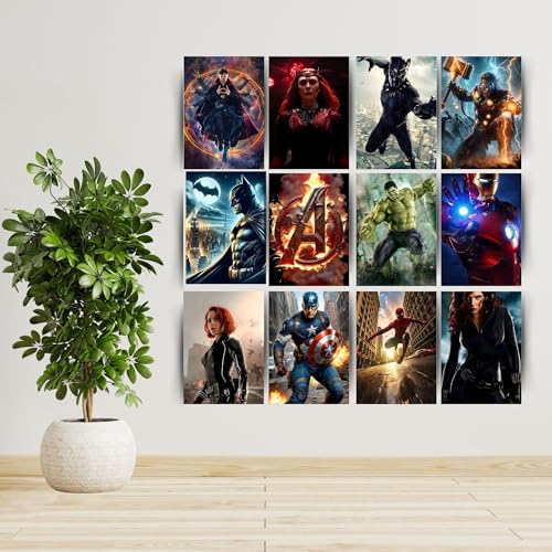 Image of Posters Inc Set of 12 Marvel Heroes Posters for Wall, Home Decoration Items for Living Room, Aesthetic Wall Stickers for Bedroom, Birthday Gift for Men, 300 GSM A4 Size Paper, Glue Dots Included
