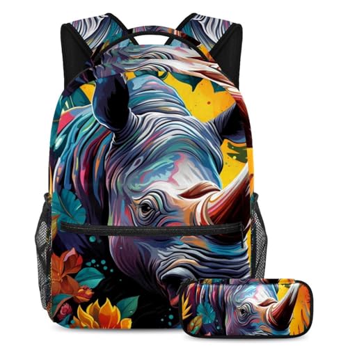 Ensemble cartable pour enfants avec trousse style peinture à l'huile rhinocéros pour l'école