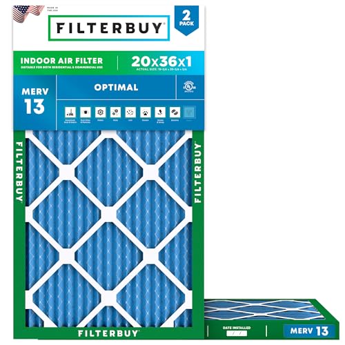 Filterbuy 20x36x1 Air Filter MERV 13 Optimal Smoke & Allergy Defense (2-Pack), Electrostatic Pleated HVAC AC Furnace Filters Replacement, Made in USA (Actual Size: 19.75 x 35.75 x 0.75)