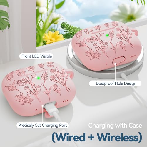 Image of Flower Engraved Case for Apple AirPods Pro 2 Gen with Clean Kit,Soft Silicone Protective Case Cover for AirPods Pro 2nd /1st Generation AirPod Case Carabiner,Front LED Visible,Pink