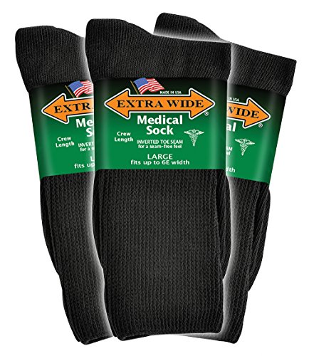 Extra Wide Medical Mid Calf Crew (Pack of 3), Antimicrobial, Made in USA, for Men and Women (Black - Large)