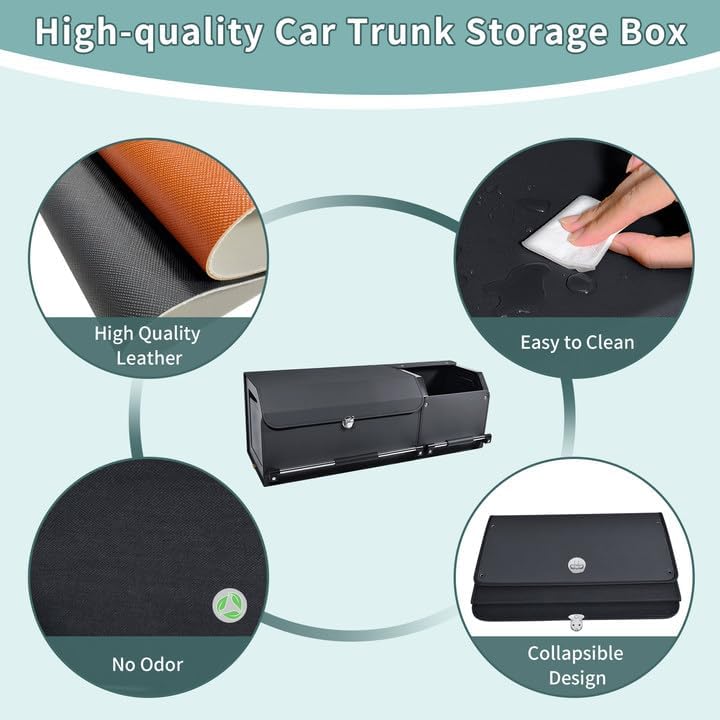 Miniatura 8 de Organizador de maletero de automóvil, organizador de almacenamiento plegable de cuero con tapa y asa resistente, organizador y almacenamiento para