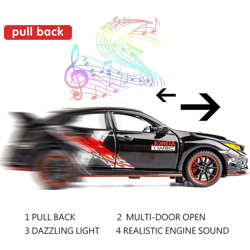 Image of Kids Model 1:32 Civic Type R Die Cast Metal Car Pull Back Action Opening Doors with Realistic Engine Sound Lights Toy Car Gift for Boys - Black