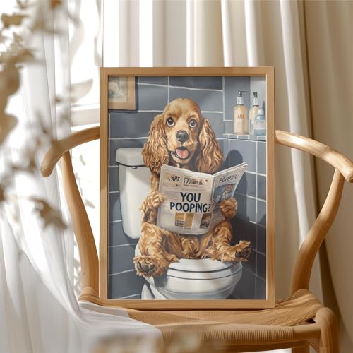 Image of Cocker Spaniel on Toilet Wood Framed Wall Art Print Poster, Dog Bathroom Humor Decor Posters Prints for Restroom Home Picture Painting Artwork Gallery 7 (Cocker Spaniel, 11 inchW x 14 inchL, Wood Frame)