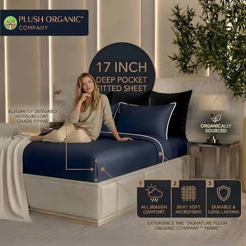 Image of Queen Luxury 4 Piece Bedsheet Set, Navy with White Piping, Cooling Resort Bedding, Deep Pockets, Ultra Soft, Viscose derived from Bamboo, Organically Grown, 300 Thread Count