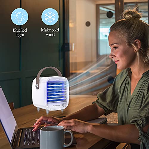 nicehedtop climatiseur portable ventilateur climatisation usb, mini refroidisseur mobile d'air personnel, 4 en 1 air cooler humidificateur fan, vitesse réglable lumière led pour bureau maison