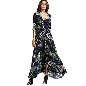 Milumia Women's Button Up Split Floral Print Flowy Party Maxi Dress Navy Blue X-Large