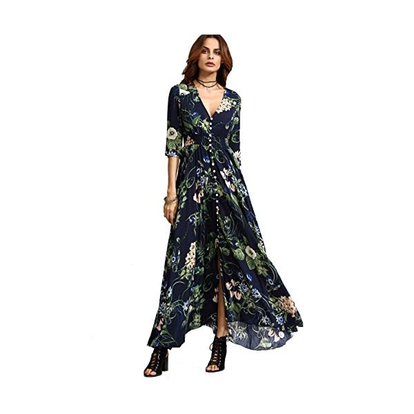 Milumia-Womens-Button-Up-Split-Floral-Print-Flowy-Party-Maxi-Dress Milumia Women's Button Up Split Floral Print Flowy Party Maxi Dress Navy Blue X-Large