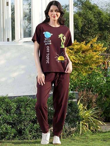 Image of ZEYO Night Suit for Women's Typography Printed Cotton Night Dress of Top and Joggers