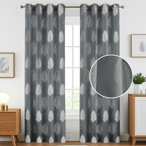 Image of FRESH FROM LOOM Premium Anti-Wrinkle Curtains | 9 Feet Long | 80% Sun Block | Elegant Jacquard Fabric for Doors & Windows, Luxury Curtain (9ft, Grey Leaf, 2pc Set)