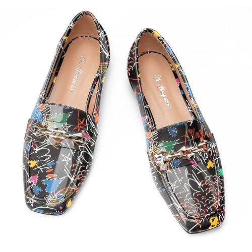 Image of Oh Mispares Womens Loafers Square Toe Low Heel Penny Loafers Fashion Comfortable Slip on Flats Casual Dressy Shoes for Women Work Office Patent Leather