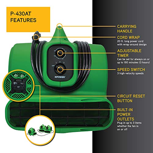 Image of XPOWER P-430AT Pro 1 /3 HP 2000 CFM Centrifugal Air Mover, Carpet Dryer, Floor Fan, Blower, Daisy Chain, for Water Damage Restoration, Janitorial, Plumbing, Home Use