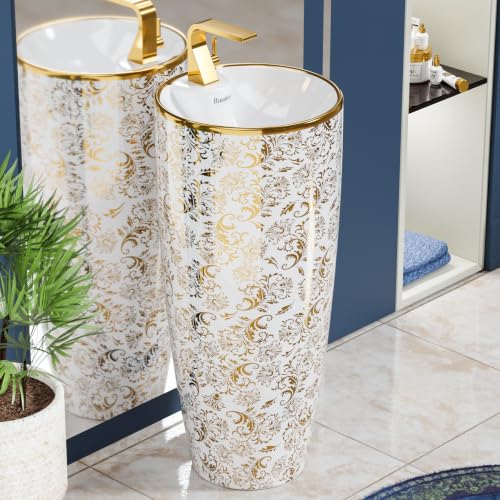 Image of BASSINO 15x15x34 Inches Ceramic Pedestal Wash Basin /7 Years Warranty /One Piece Free Standing Basin For Bathroom /Living Room /Round Modern Sink For Hotel /Floor Mounted Washbasin(Glossy White & Gold)