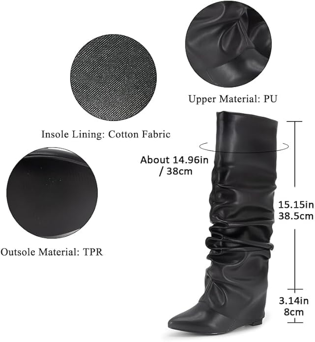 Image of Fold Over Boots Women's Knee High Shark Boots Round Toe Wedge Heel Flat Shoes for Fall Winter Dress Shoes