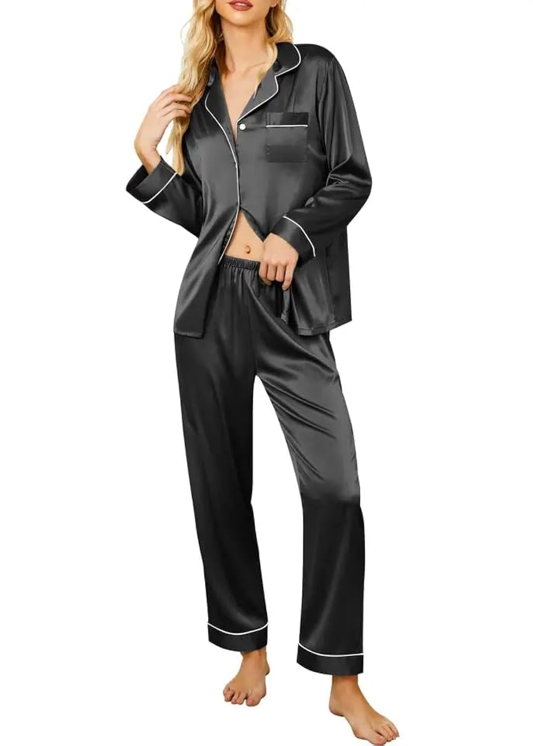 GenericWomen Silk Satin Elegant, Soft and Comforable Pajama Set (Long Sleeves and Pajama)