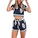 Eshion Vintage Style Women 2 Pcs Leaf Pattern Bohemian Crop Tops+Shorts Set (Small, Navy Blue)