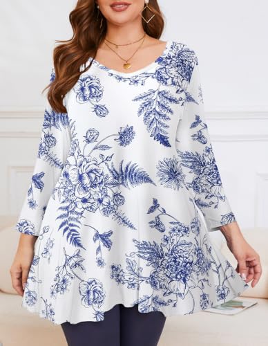 Image of LARACE Tunics 3 /4 Sleeve Plus Size Tops for Women V Neck Loose Fit Flowy Clothing for Leggings