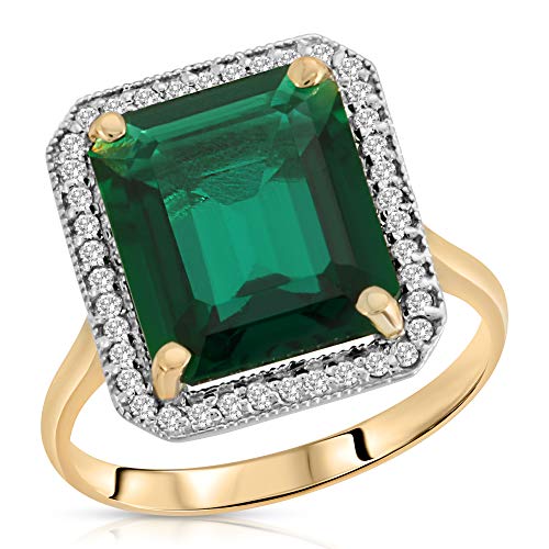 Galaxy Gold GG 4.70 Carat Total Weight 14K Solid Yellow Gold Emerald with Natural Diamonds Halo Ring Brilliant Octagon Emerald Shape Cut Round Diamonds Anniversary Engagement Ring