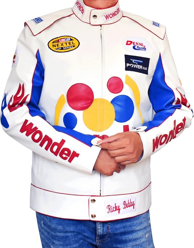 Rage Leather Men's Ricky Bobby Racing White Faux Leather Jacket-Wonder Talladega Speed Racing Night Jacket For Men's