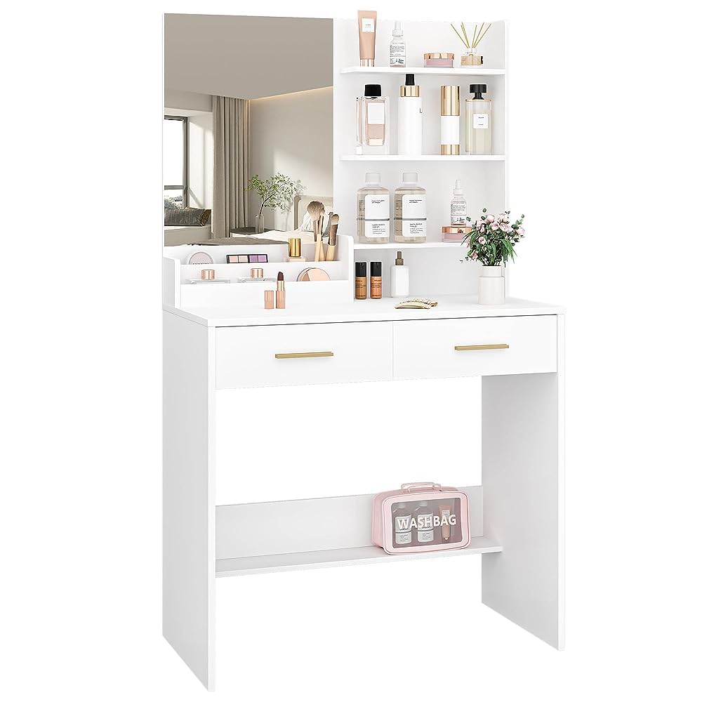 Hzuaneri Coiffeuse Avec éClairage LED, Coiffeuse Avec Grand Miroir HD, 7 Tiroirs Et 6 éTagèRes De Rangement, Dressing De Chambre, Moderne Blanc DT42303XEU