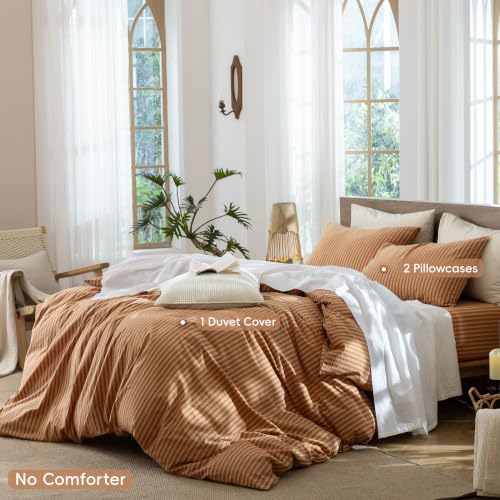Image of MooMee Striped Duvet Cover Set 100% Washed Cotton Linen Like Queen | Relaxed Linen-like Texture. Soft, Breathable & Long-lasting Comfort. Lightweight. Hidden Zipper with 8 Interior Corner Ties