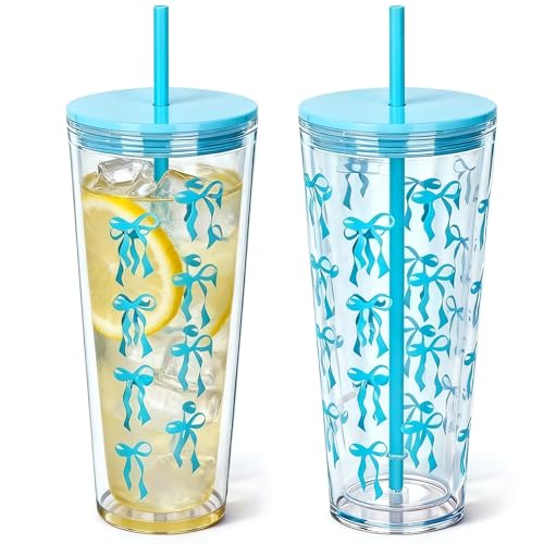 Alohastarttg 24oz Tumbler with Lid and Straw, Leak Proof and Double Wall Insulated Reusable Plastic Cups,Travel Reusable Iced Coffee Cup (2, Blue Butterfly)