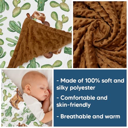 Image of Western Baby Blanket with Cactus, Cowboy Minky Blankets for Boys Girls, Double Layer Dotted Backing, Nursery Room Decor, Soft Warm Lightweight Nursery Bed Blanket for Newborn Toddlers Son Daughter