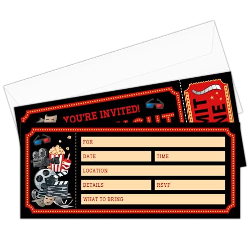Qssfdgg Movie Ticket Birthday Invitation Movie Night Birthday Party Invitation Cards for Teens Adults 20 Film Ticket Invitations with Envelopes for Parties Party Celebration Supplies-02
