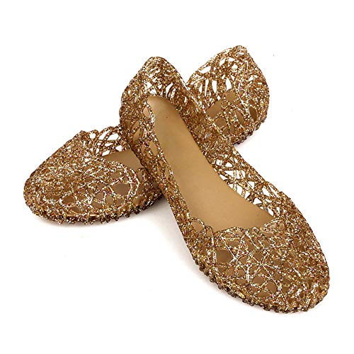 Domucos 12345465646 Womens Sandals Crystal Glitter Plastic Jelly Hollowed Flat Sandals Beach Pumps Shoes-Gold-8.5-40… thumb #2