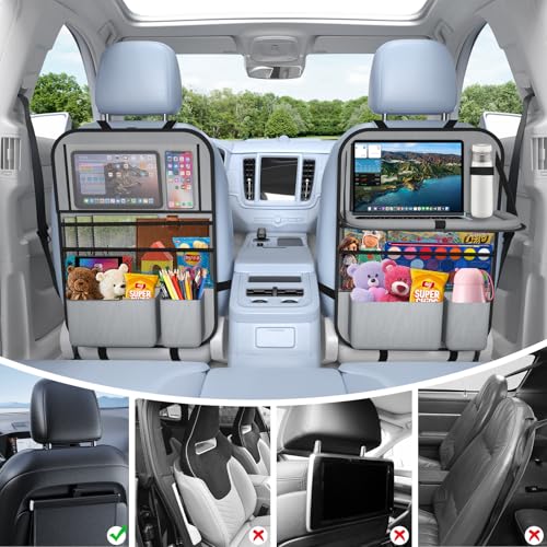 Image of 2PACK-Car Backseat Organizer with Touch Screen Tablet Holder,9 Storage Pockets Storage Organizer with Foldable Food Tray, Protector Kick Mats for Kids, Travel Accessories Organizer (Grey)
