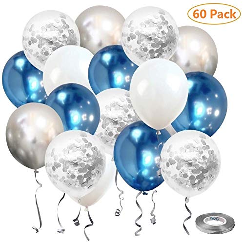 Sinwind Luftballons Silber, 60 Stück Luftballons Silber Konfetti, Luftballons Blau Weiß, Hochzeit Hochzeitsballons, Helium Balloons, 12 Zoll Latex Luftballons für Geburtstag Hochzeit Taufe