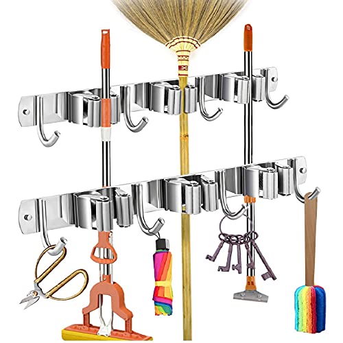 Nlmyt 2Pcs Broom Holder Wall Mount, Broom Organizer Wall Mount, Stainless Steel Mop Holder, Broom Hanger, Heavy Duty Broom Rack for Home, Garage, Garden, Laundry Room (3 Racks 4 Hooks)