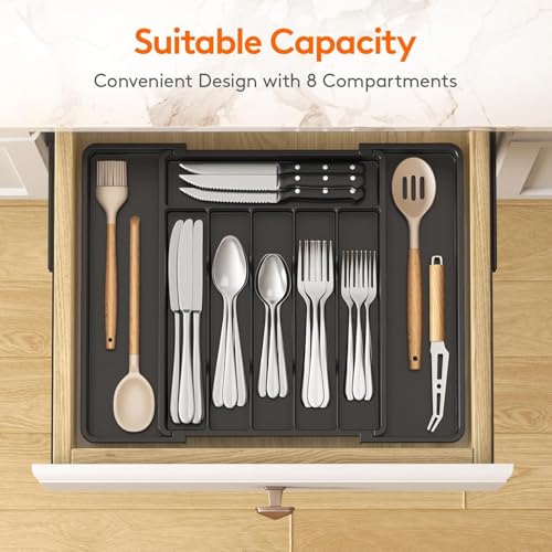 Image of JD FRESH Expandable Slider Drawer Organizer /Kitchen Cutlery Tray /Plastic Storage Tray Kitchen Organization /Adjustable Cutlery & BPA Free Flatware Holder for Spoons, Forks, Knives (Black, Pack of 1)