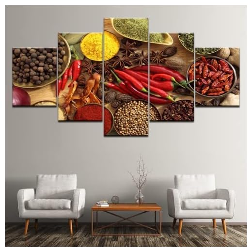 Cuchara Grano Especia Chile 5 Piezas De Arte De Pared Impresiones En Lienzo 150 X 100 Cm / 60 X 40 Pulgadas 5 Piezas Cuadro Moderno En Lienzo Decoración Para El Arte De La Pared Del Hogar Hd Impreso