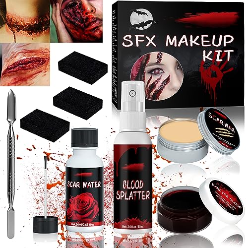 FAMKEEP Maquillaje de Halloween,Kit de Cera para Cicatrices,con Spray de Sangre Falsa, Gel de Sangre Falsa, Esponja, Raspador, Perfecto para Cosplay de Vampiros y Fiestas de Halloween