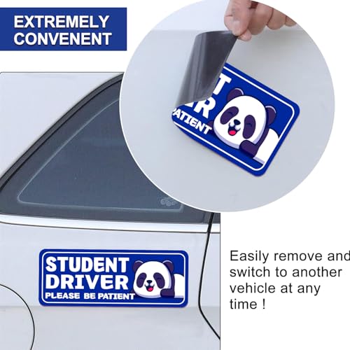 Image of Student Driver Please Be Patient Car Magnet, Blue Panda Series Cute Picture, Patient With Reflective Magnetic Bumper Sticker Set Detachable, Novice Safety Signs.Set of 3