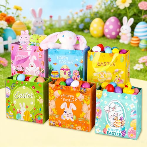 6 Stück Geschenktüten Ostern,Multifunktionale Non-Woven Osterkörbchen, Ostertüten mit Griffen für Eiersuche, Partyzubehör, Osterndeko, Ostern Geschenke kinder