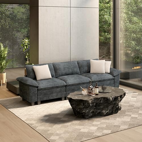 Image of HERA'S HOUSE 124 inch Oversized Modular Sectional Straight Sofa,Chenille Blue | 3-Seater Living Room Couches, Wider Armrest and Deep Seat, Comfy Cloud Couch with Ottoman, Wood Sturdy Frame