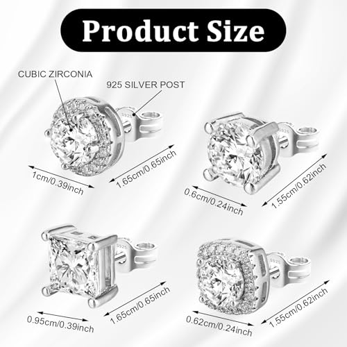 Cubic Zirconia Earrings Studs, 4 Pairs Small Square Woman Mens Stud,Anti Sensitive Water Drop Shape,Square Round Earrings2