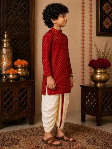 Image of superminis Boy's Cotton Kurta with Dhoti - Golden Thread Work, Solid Round Collar, Full Sleeves, Side Button Kurta Set for Ethnic Wear