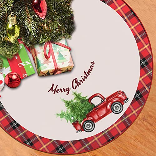 Red Truck Christmas Tree Skirt Buffalo Plaid Christmas Tree Mat Xmas Ornaments for Holiday Christmas Party Decorations