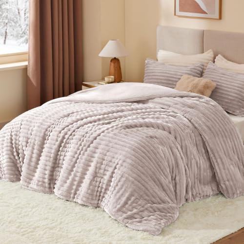 Image of BEDELITE Fleece Full Comforter Set, Fluffy Bed Set, Lotus Pink | Super Soft & Warm Bedding, Luxury Fuzzy Faux Fur Comforter for Winter, Heavy Plush Bedding, with 2 Pillowcases