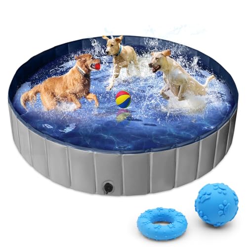 Extra Large Dog Paddling Pool 160 cm Heavy Duty Foldable Dog Pool for Large Dogs Non-Slip Pet Swimming Pool with Drain Valve & 2 Chew Toys Collapsible Dog Bath Pool for Garden Patio & Camping