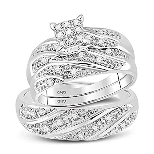 Roy Rose Jewelry 10K White Gold Diamond Cluster Womens Mens Matching Trio Wedding Engagement Bridal Ring Set 1/4-Carat tw
