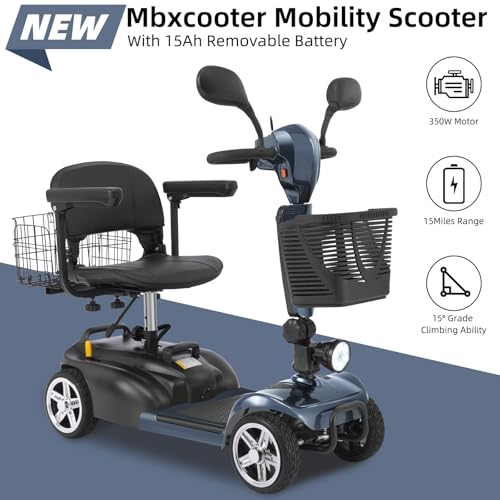 15/30 Miles 4 Wheels Mobility Scooter for Adults&Seniors Up to 300LBS, 350W Electric Wheelchair Device w/Extended Battery, Bright Taillights,Dual Baskets, Rotating Seat, USB Charging
