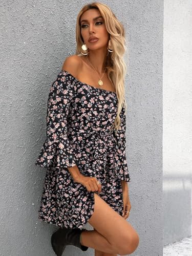 Image of Off Shoulder Ruffle Dress for Women, A-Line Mini Dress with Belt, Fitted Bust Summer Wedding Guest Dress