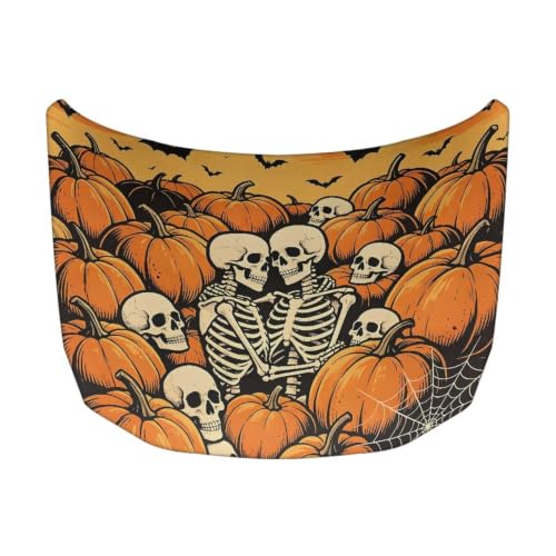 Image of Skeleton Pumpkin Print Car Hood Cover Easy to Install Fabric Hood Cover Halloween Vehicles Decorate Engine Removable Automotive Accessories Personalized Suitable for Cars(59x39 Inch)