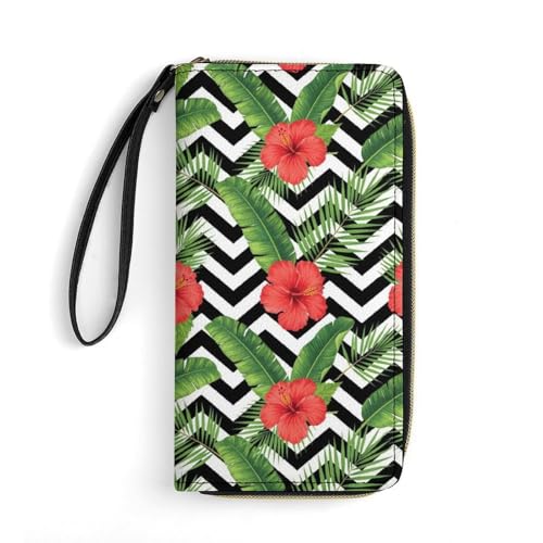 High Capacity Travel Wallet for Women, Water-resistant, Great for Everyday Carry, Tropical Palm Leaves Hibiscus
