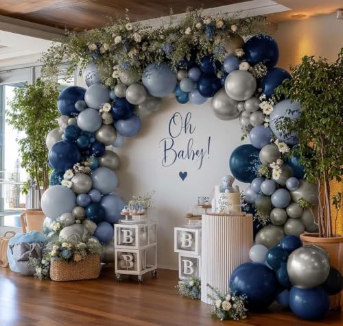 Image of Blue Balloon Arch Kit Double Stuffed Navy Pearl Grey Blue Latex Balloons | blue grey balloon arch dusty fog light blue balloon garland for birthday jean baby shower gender reveal bridal shower decor