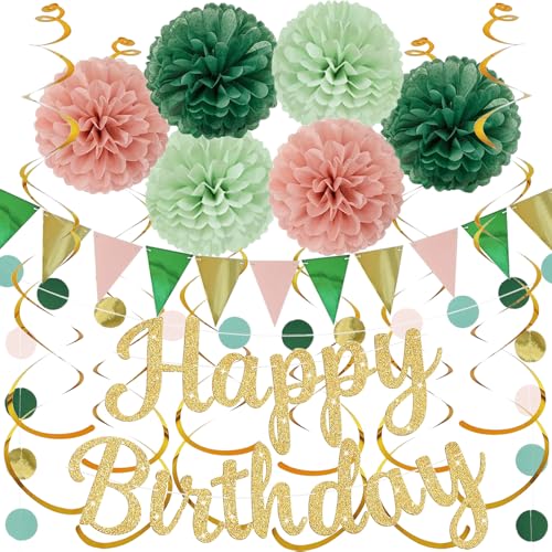 Image of Sage Green Birthday Decorations, Happy Birthday Banner and Paper Pompoms, Hanging Swirls, Circle Dots Garland, Pennant Flags for Girls Women Party Decorations
